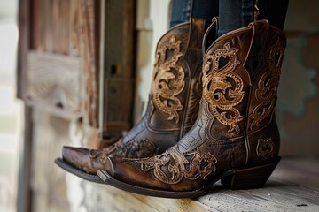 Aufkleber - A pair of cowboy boots resting on a windowsill, suitable for rustic or country-themed designs