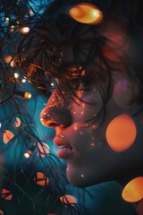 Poster - A person looks up at a strand of twinkling lights, possibly for decoration or celebration