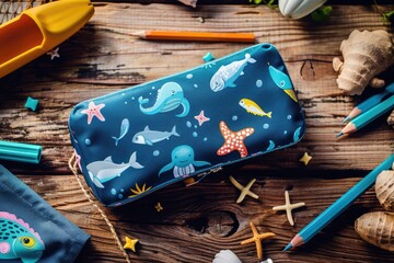 Poster - A pencil case sits on a wooden table, ready for use