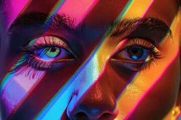 Poster - A person's face with a colorful rainbow light shining on their features, ideal for use in promotional materials or artistic projects