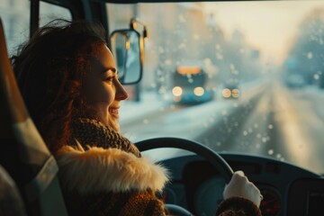 Poster - A woman is driving her car through heavy snowfall