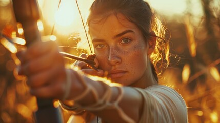 Poster - A woman holds a bow and arrow in a field, ready for hunting or target practice
