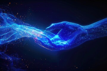 Poster - Two human hands touching each other on a bright blue background, perfect for representing friendship, unity, or connection