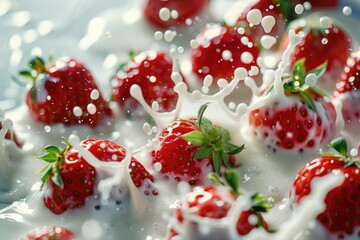 Fresh strawberries covered in milk, ideal for food photography or advertising