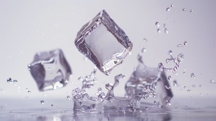 Wall Mural - A group of ice cubes fall into the water, creating ripples and waves