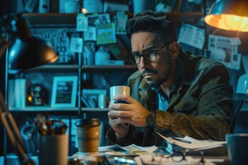Poster - A person sits at a desk with a cup of coffee, working or relaxing