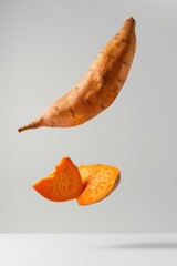 Sticker - A sweet potato in mid-air, captured in a moment of free fall