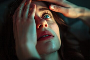 Canvas Print - A close-up shot of a woman holding her head in her hands, possibly expressing pain or distress