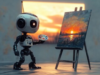 Canvas Print - Robot Artist with Sunset Painting