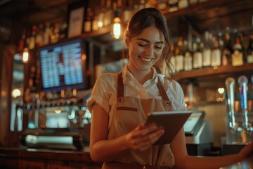 Aufkleber - A woman stands at a bar using a tablet, possibly checking emails or ordering drinks