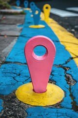 Aufkleber - A street scene with a bright blue and yellow theme, featuring a pink marker on the ground
