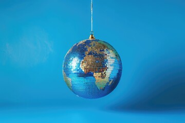 Poster - A globe suspended from a string against a bright blue background, perfect for education and travel-themed designs