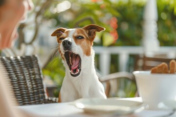 Poster - A relaxed dog yawning while sitting at a table, often used in pet photography or as a humorous illustration