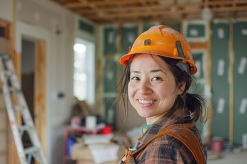 Poster - A woman wearing a hard hat stands in a room