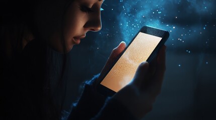 Aufkleber - A woman's face is illuminated by a phone screen, which shows a soft, golden glow. The background is dark with blue and white sparkles.