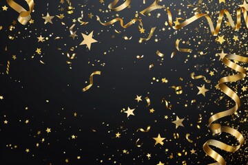 Aufkleber - Decorative scene of gold stars and colorful streamers against a dark backdrop, perfect for celebratory or festive occasions