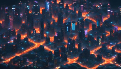 Vibrant Isometric Futuristic Cityscape Illuminated by Night Lights in a Cyberpunk Aesthetic