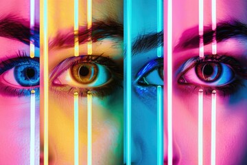 Poster - Close-up shot of a person's eyes with vibrant neon lights in the background, great for use in futuristic or sci-fi concepts