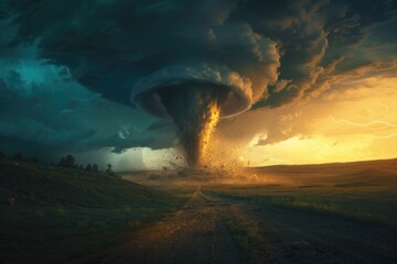 Poster - A tornado cloud hovering above a dirt road, perfect for use in weather or disaster themed projects