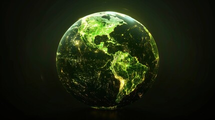 A glowing green Earth with continents and city lights.