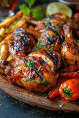 Aufkleber - A plate of grilled chicken breast served with crispy French fries on a wooden cutting board