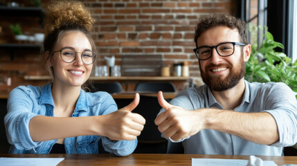 Poster - A man and woman sitting at a table with thumbs up, AI