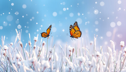 Wall Mural - Beautiful butterflies in the snow on the wild grass on a blue and pink background. Snowfall Artistic winter christmas natural image. Winter and spring background isolated with white highlights, png