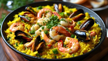 Wall Mural - Vibrant seafood paella served in a traditional Spanish pan, featuring prawns, mussels, squid, and saffron-infused rice, celebrated in the heart of Barcelonas culinary scene.