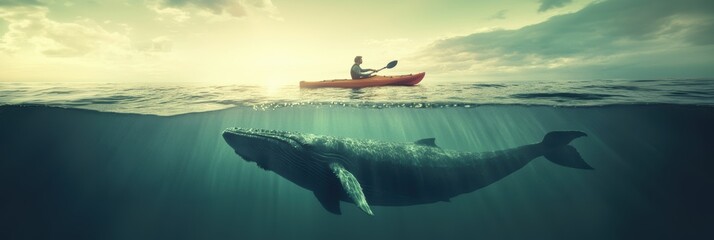 A person kayaking in sea water with a giant whale underwater