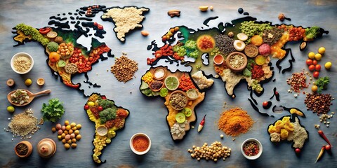 A World of Flavors A Culinary Map Composed of Diverse Ingredients, Spices, and Grains, World Cuisine, Food Photography, Global Flavors