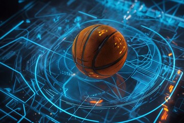 Poster - Illustrate a futuristic basketball design with interactive features that record player data when usedgenerative ai