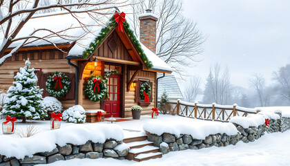 Beautiful country cottage decorated for Christmas on a snowy winter day, holiday and celebration isolated with white highlights, png