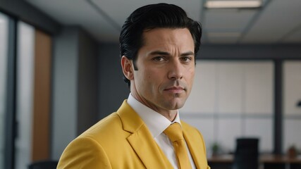 adult black hair white man in yellow formal attire model portrait looking confident on an office background for ad concept space for text