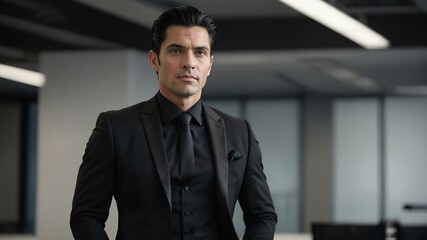 adult black hair white man in black formal attire model portrait looking confident on an office background for ad concept space for text