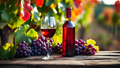 Autumn vineyard picnic with glasses of red wine, ripe grapes, and claret bottle amidst lush leaves and rural landscapes