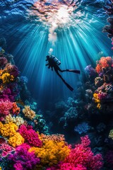 Diver with colorful beautiful coral reef with sea life fishes