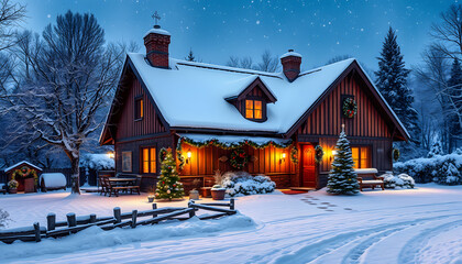 Beautiful country cottage decorated for Christmas on a snowy winter day, holiday and celebration isolated with white highlights, png