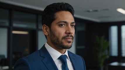 adult black hair hispanic man in blue formal attire model portrait looking confident on an office background for ad concept space for text