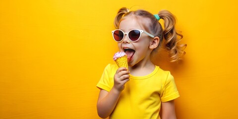 Little Girl in Sunglasses Eating Ice Cream, Yellow Background, Summer Fun, Kid, Food, Treat, Dessert