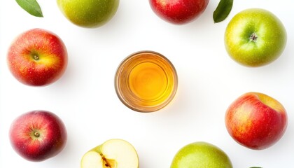 Sticker - Apple vinegar and fruits on white background top view