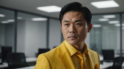 adult black hair east asian man in yellow formal attire model portrait looking confident on an office background for ad concept space for text