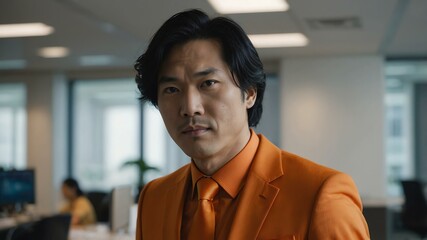 adult black hair east asian man in orange formal attire model portrait looking confident on an office background for ad concept space for text