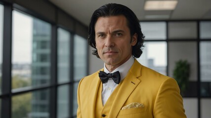 adult black hair caucasian man in yellow formal attire model portrait looking confident on an office background for ad concept space for text