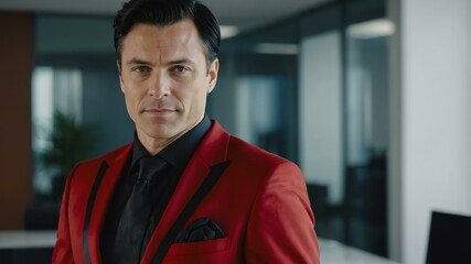 adult black hair caucasian man in red formal attire model portrait looking confident on an office background for ad concept space for text