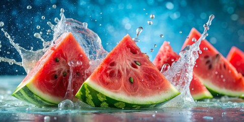 Watermelon Splash Close-up of Fresh Watermelon Slices with Water Splashes, Summer Fruit, Refreshing Treat, Watermelon, Summer, Splash