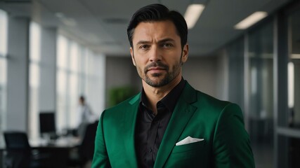 adult black hair caucasian man in green formal attire model portrait looking confident on an office background for ad concept space for text