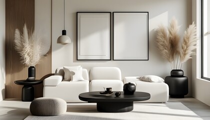 Wall Mural - Modern Japandi Fusion: Black Coffee Art, White Square Poster, Pampas Grass, and Stylish Interior Accents for a Contemporary Living Room