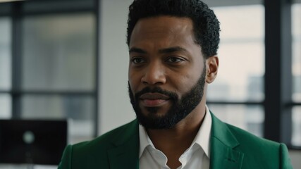 adult black hair american man in green formal attire model portrait looking confident on an office background for ad concept space for text