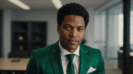 adult black hair american man in green formal attire model portrait looking confident on an office background for ad concept space for text