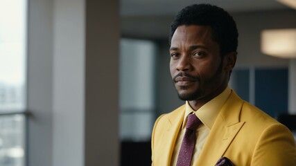 adult black hair african man in yellow formal attire model portrait looking confident on an office background for ad concept space for text